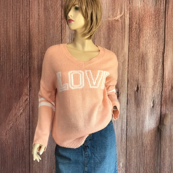 Peach Pullover Sweater V-Neck Love Medium - Picture 1 of 8